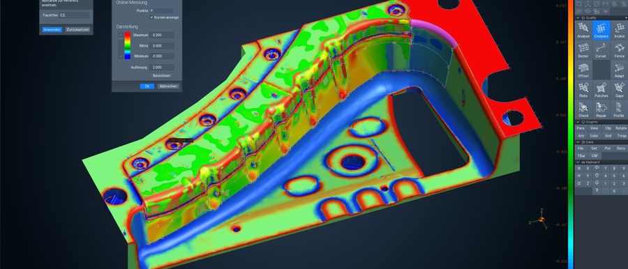 Farbcodierte Abweichungsdarstellung eines Bauteils, bei der Messpunkte gegen die CAD-Fläche verglichen werden.